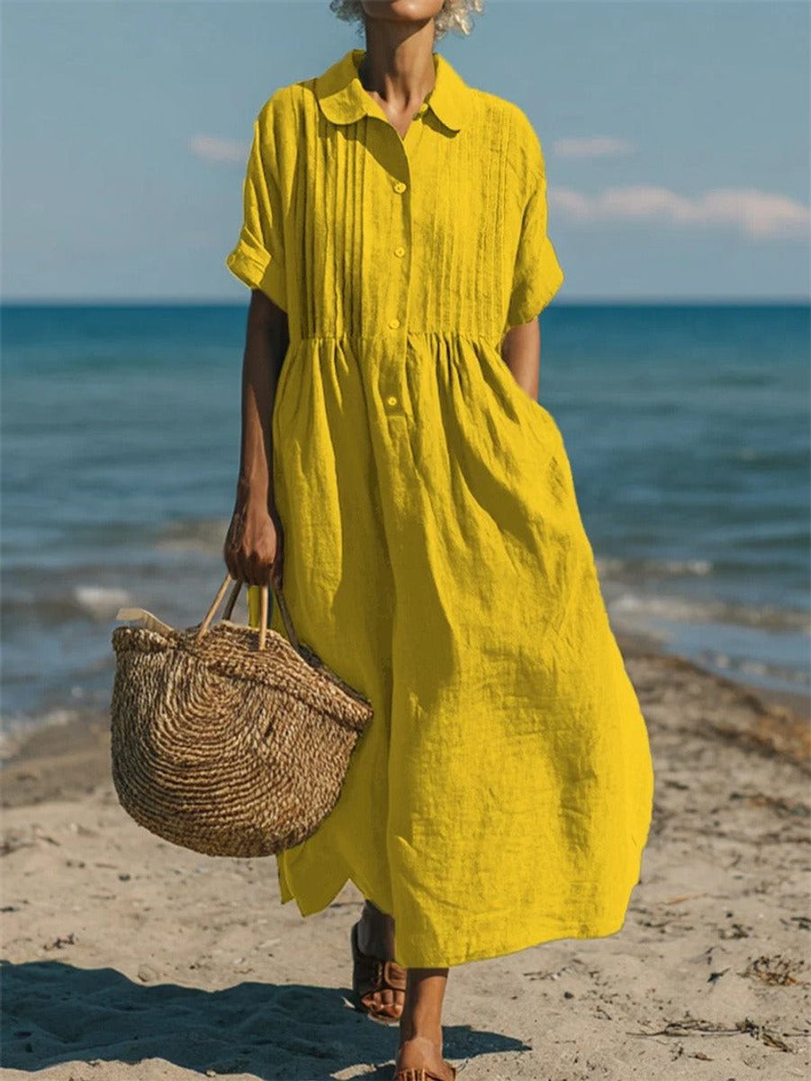 Damen Luftiges Kurzarm Hemdblusenkleid Midi Sommerkleid - Gelb