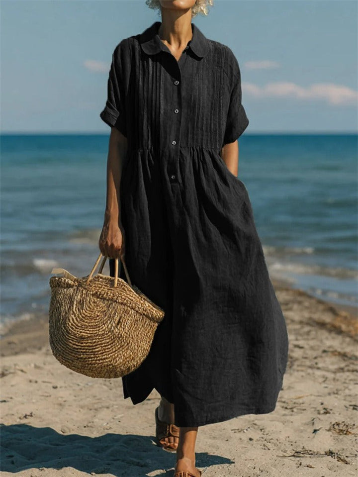 Damen Luftiges Kurzarm Hemdblusenkleid Midi Sommerkleid - Schwarz