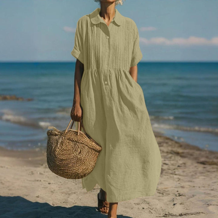 Damen Luftiges Kurzarm Hemdblusenkleid Midi Sommerkleid - Salbeigrün