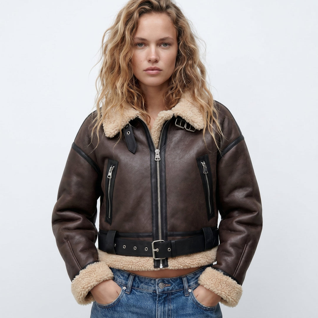 Damen Luxus Doppelseitige Lammfell Bomber Jacke - Brown