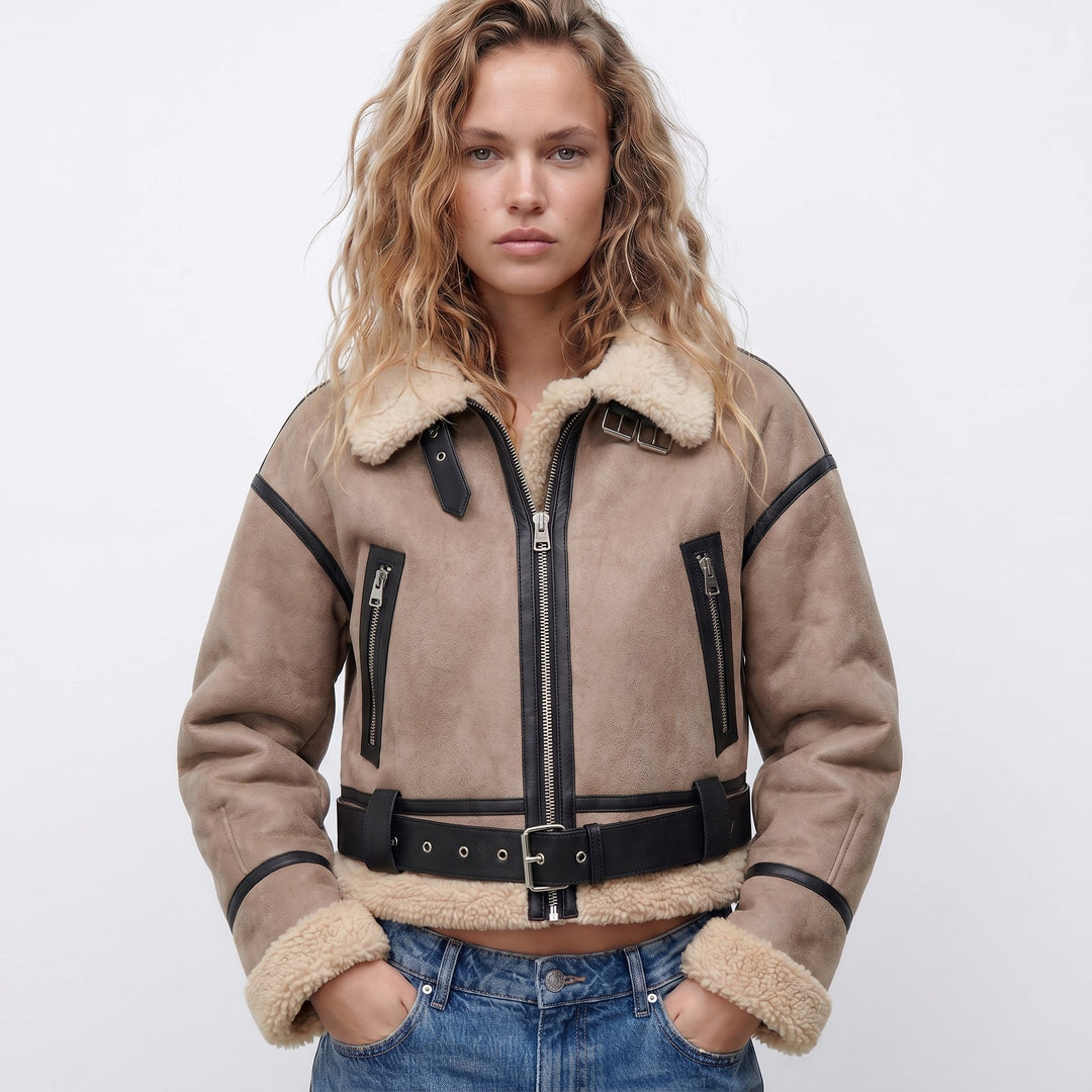 Damen Luxus Doppelseitige Lammfell Bomber Jacke - Khaki