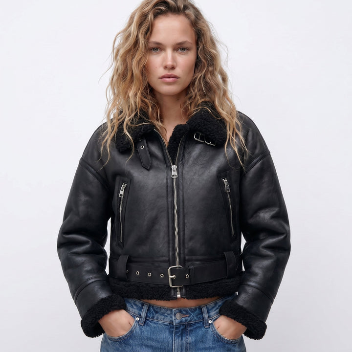 Damen Luxus Doppelseitige Lammfell Bomber Jacke - Black