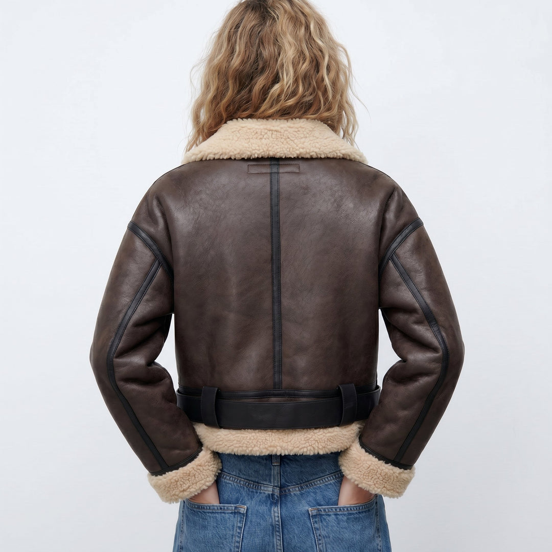 Damen Luxus Doppelseitige Lammfell Bomber Jacke