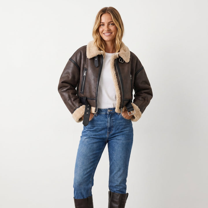 Damen Luxus Doppelseitige Lammfell Bomber Jacke