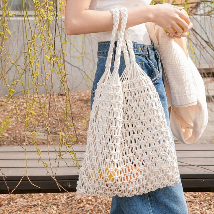Damen Makramee Tote Bag aus Baumwolle gehäkelte Einkaufstasche