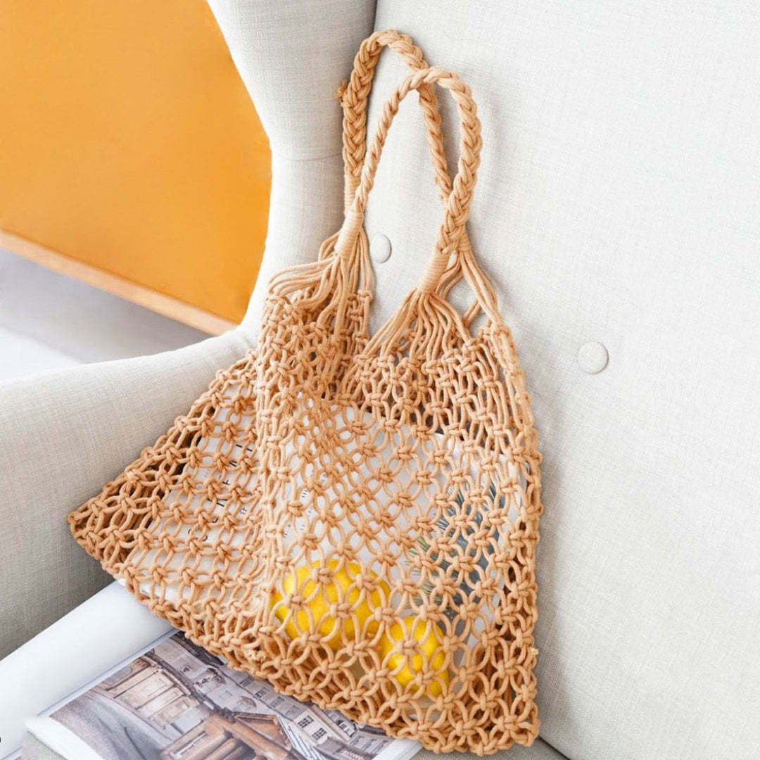 Damen Makramee Tote Bag aus Baumwolle gehäkelte Einkaufstasche