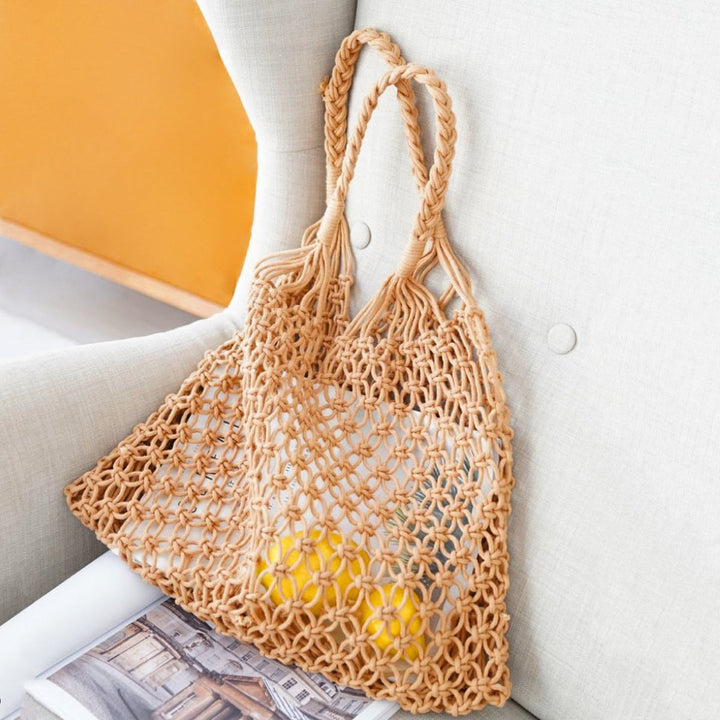 Damen Makramee Tote Bag aus Baumwolle gehäkelte Einkaufstasche