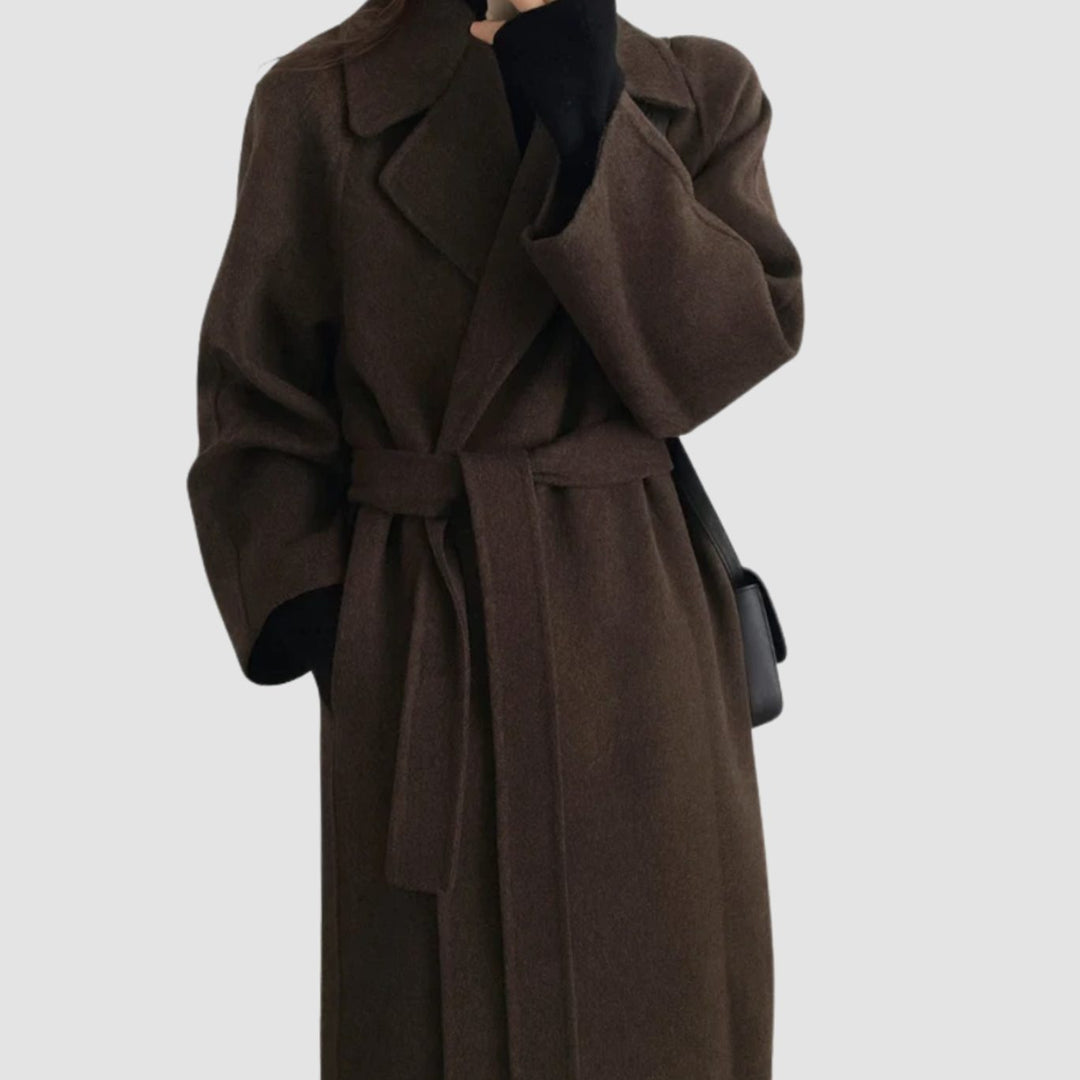 Damen Mantel damen Wollmischung taillierter Wintermantel mit Bindegürtel - Braun