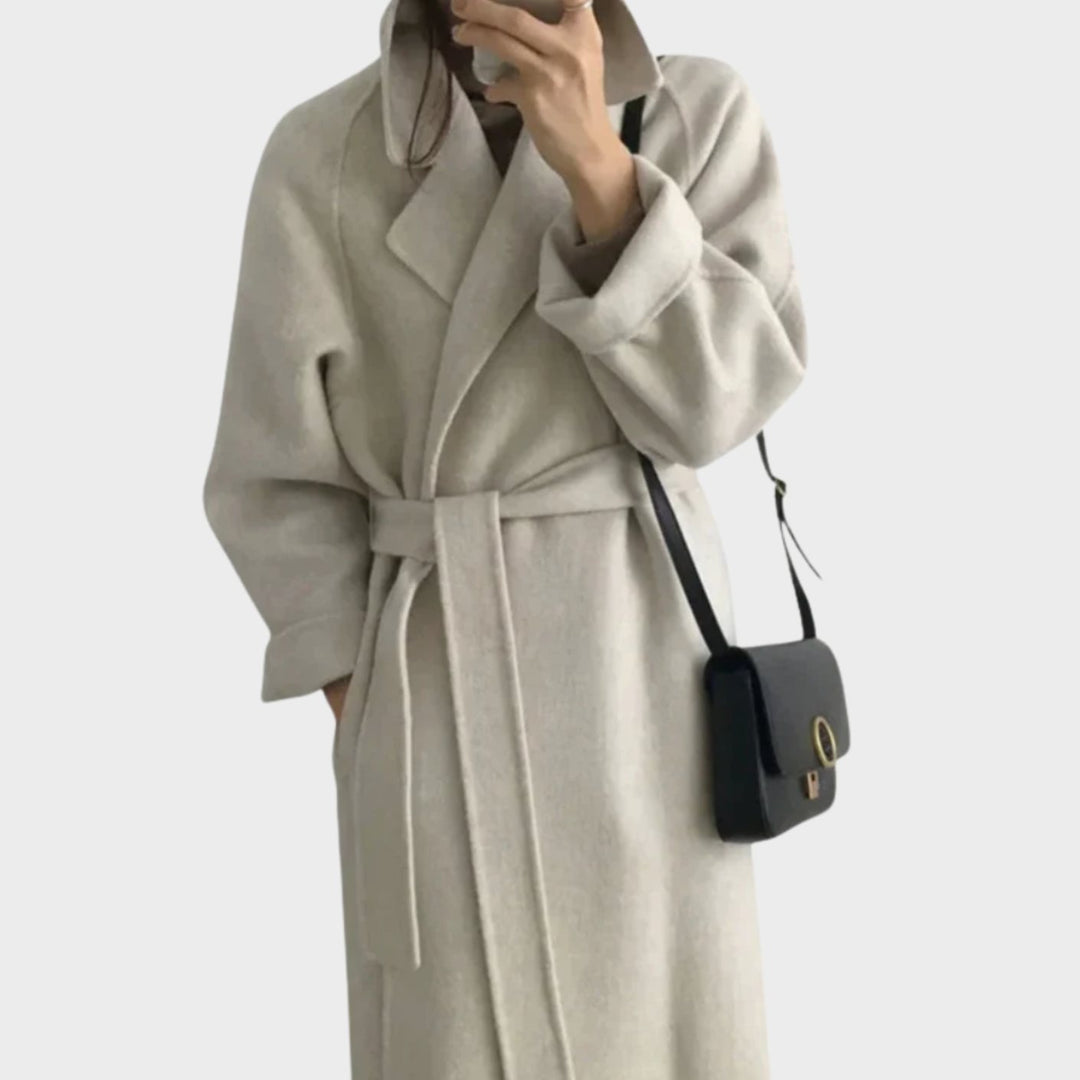 Damen Mantel damen Wollmischung taillierter Wintermantel mit Bindegürtel - Cremefarben