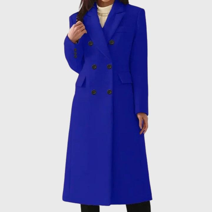 Damen Mantel Doppelreihiger Taillierter Wollmantel - Blau
