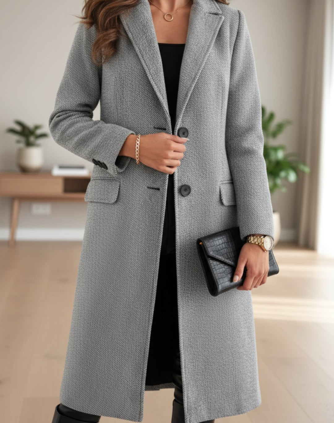 Damen Mantel Elegant Klassischer Langer Wollmantel mit Knöpfen - Grau