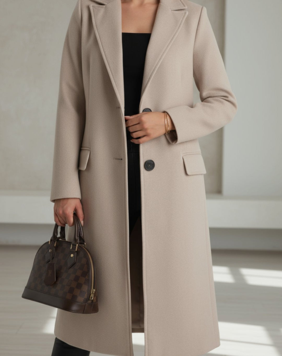 Damen Mantel Elegant Klassischer Langer Wollmantel mit Knöpfen - Khaki