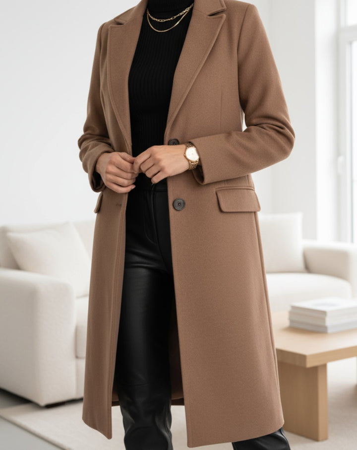Damen Mantel Elegant Klassischer Langer Wollmantel mit Knöpfen - Braun