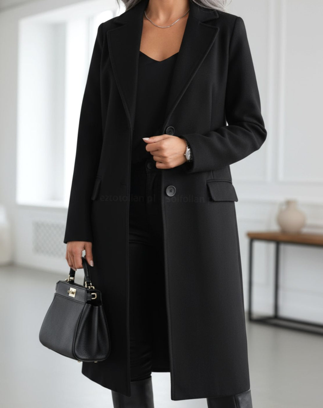 Damen Mantel Elegant Klassischer Langer Wollmantel mit Knöpfen - Schwarz