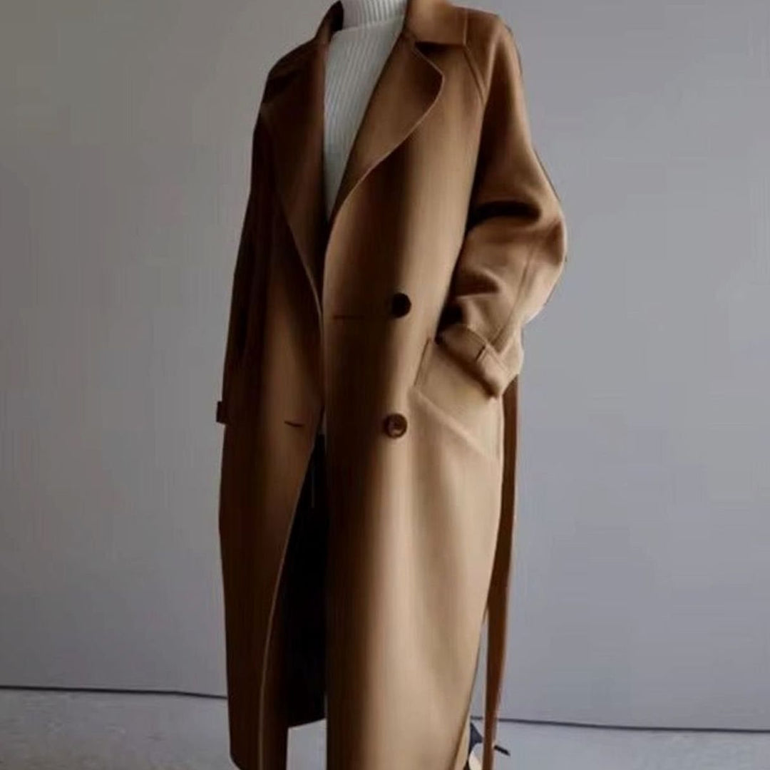 Damen Mantel Eleganter Longline Wollmantel mit Reverskragen - Kamel