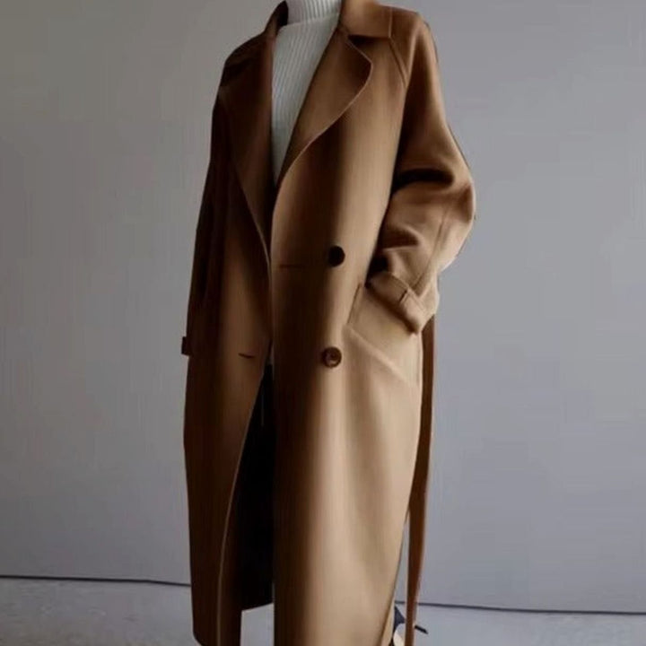 Damen Mantel Eleganter Longline Wollmantel mit Reverskragen - Kamel