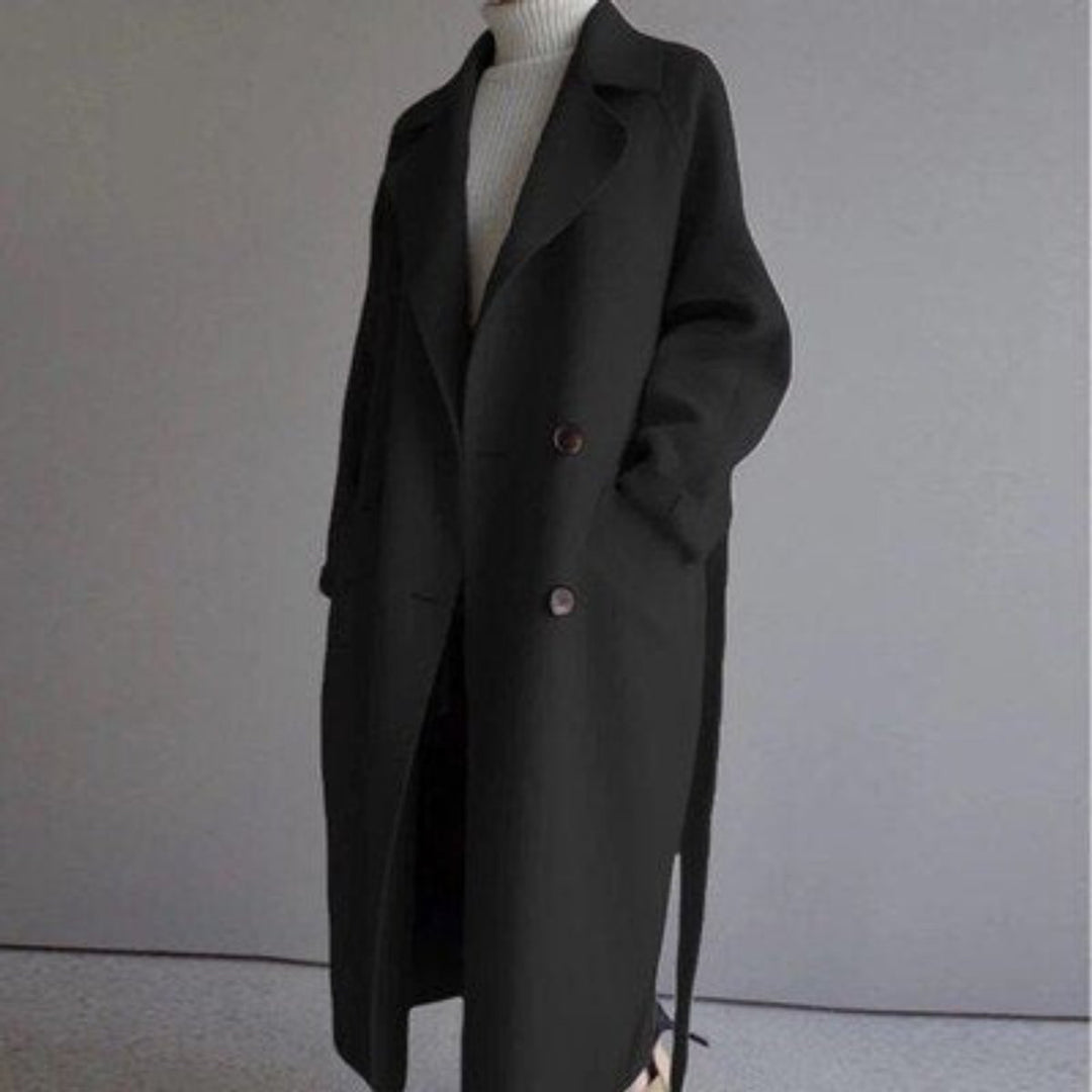 Damen Mantel langer Wollmantel mit Revers Doppelknöpfen - Schwarz