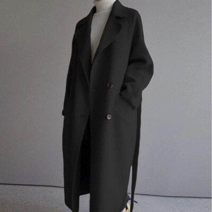 Damen Mantel langer Wollmantel mit Revers Doppelknöpfen - Schwarz
