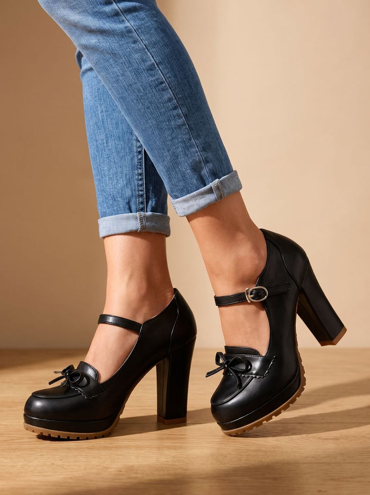 Damen Mary-Jane-Pumps mit Blockabsatz Schleife Knöchelriemen