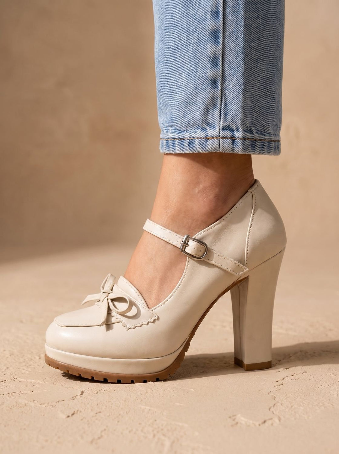 Damen Mary-Jane-Pumps mit Blockabsatz Schleife Knöchelriemen