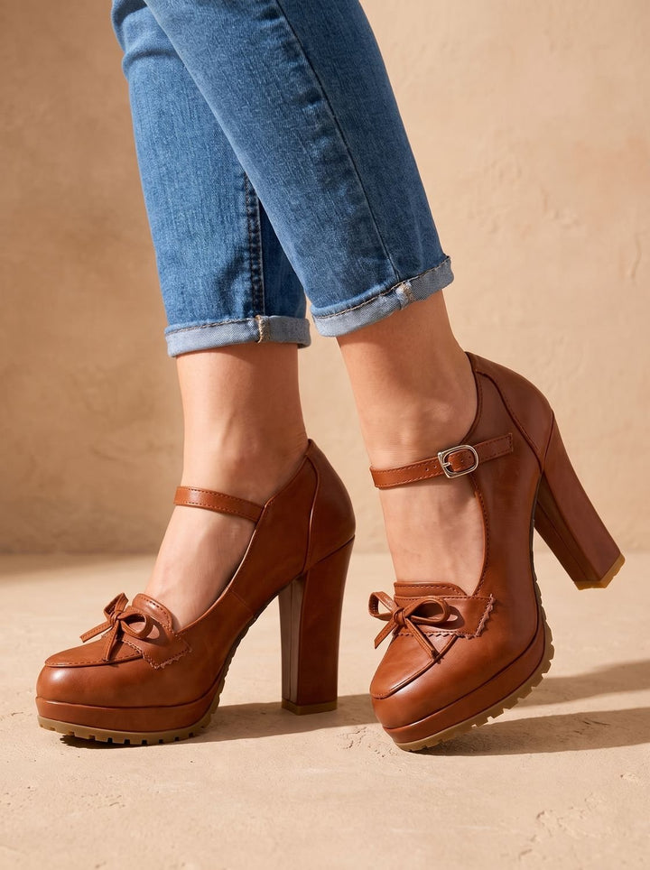 Damen Mary-Jane-Pumps mit Blockabsatz Schleife Knöchelriemen