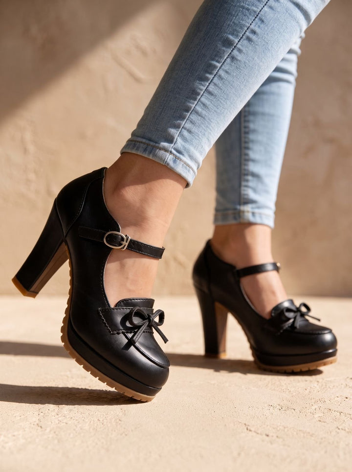 Damen Mary-Jane-Pumps mit Blockabsatz Schleife Knöchelriemen - Schwarz