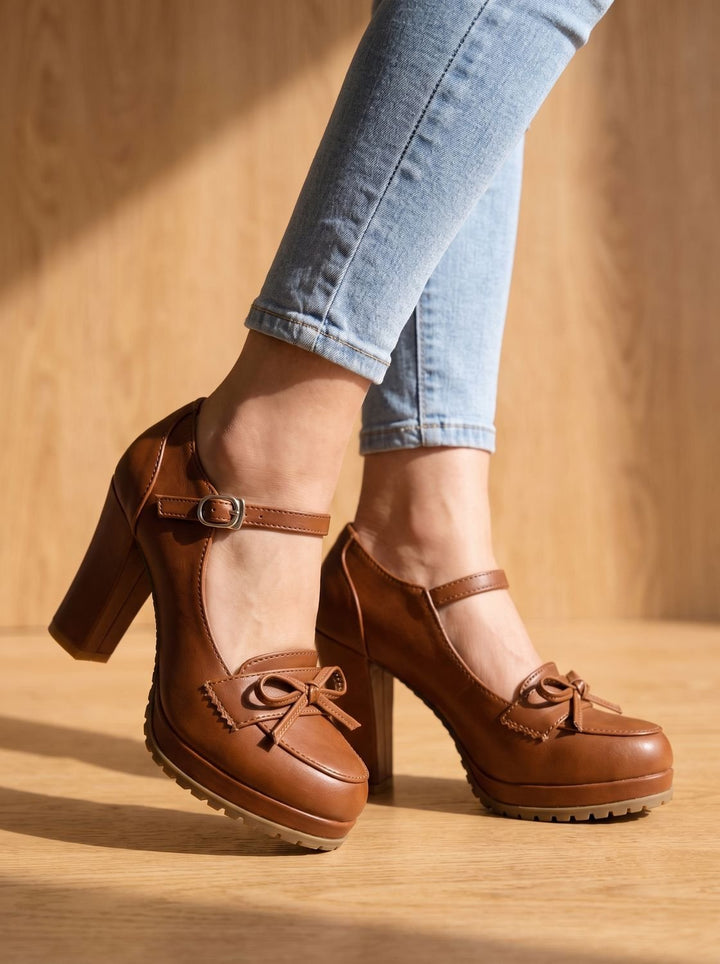 Damen Mary-Jane-Pumps mit Blockabsatz Schleife Knöchelriemen - Braun