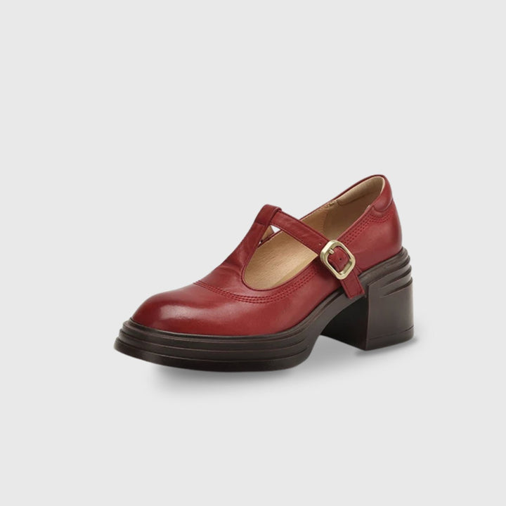 Damen Mary-Jane-Pumps mit Blockabsatz und T-Spange - Rot