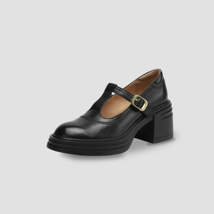Damen Mary-Jane-Pumps mit Blockabsatz und T-Spange - Schwarz