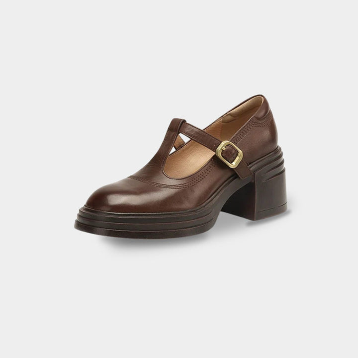 Damen Mary-Jane-Pumps mit Blockabsatz und T-Spange - Braun