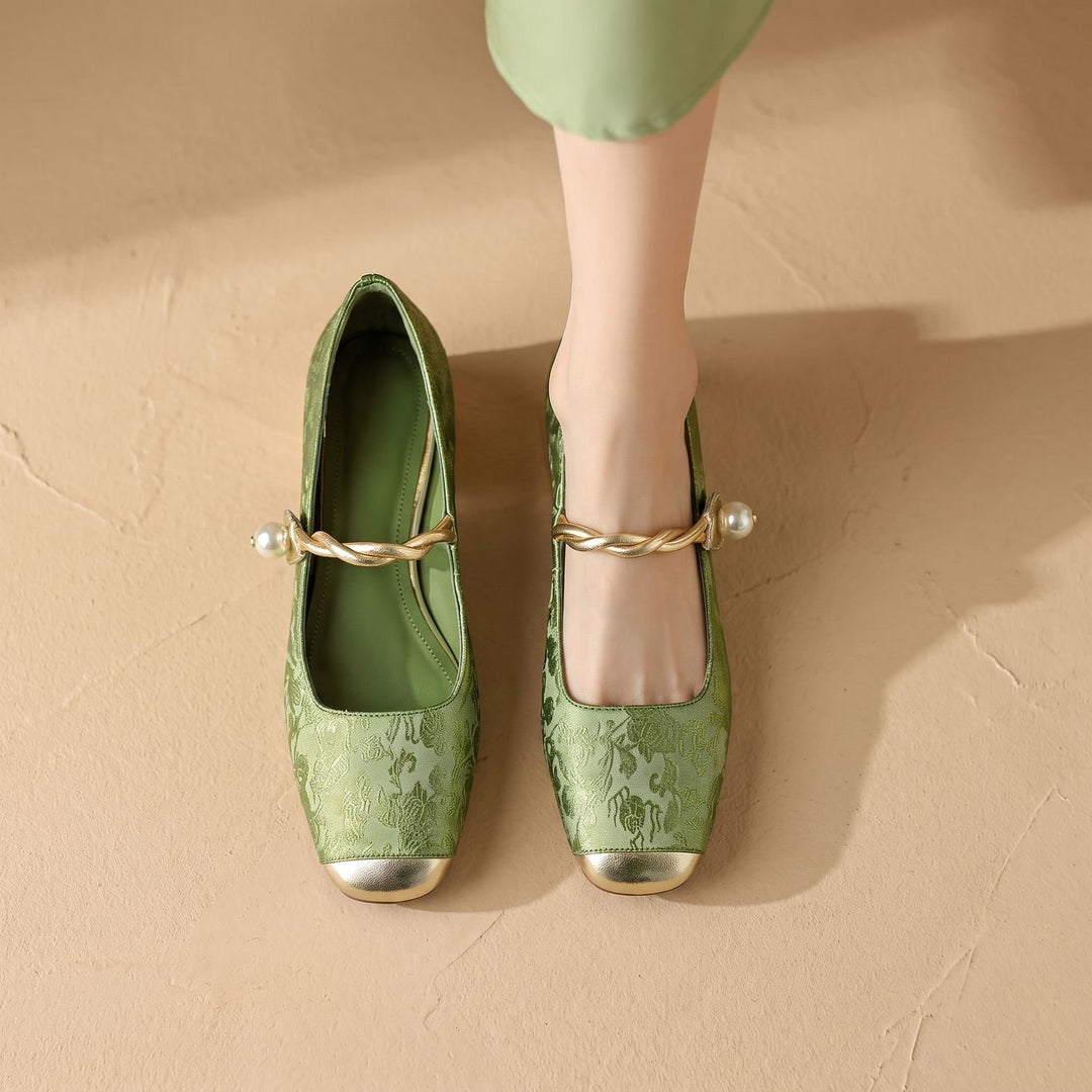Damen Mary Jane Schuhe mit Perlenriemen und Blockabsatz - Grün