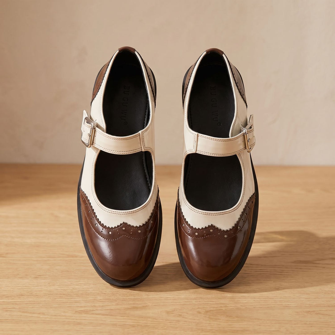 Damen Mary Jane Schuhe mit Schnalle Budapester-Stil Lackleder - Braun