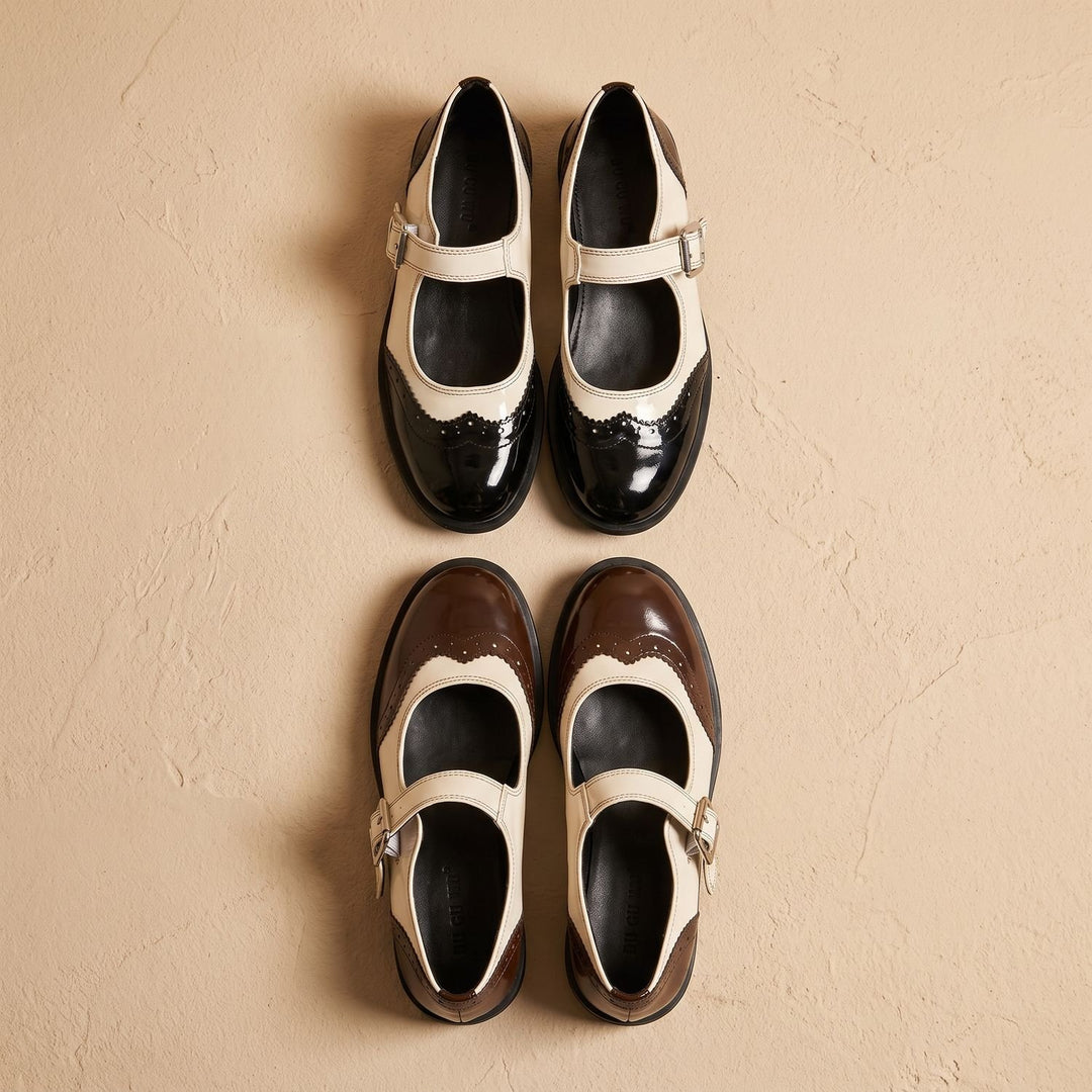 Damen Mary Jane Schuhe mit Schnalle Budapester-Stil Lackleder
