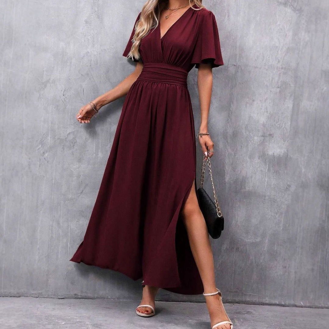 Damen Maxi-Kleid mit V-Ausschnitt Flatternden Ärmeln und Seitenschlitz