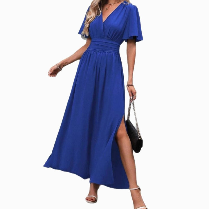 Damen Maxi-Kleid mit V-Ausschnitt Flatternden Ärmeln und Seitenschlitz