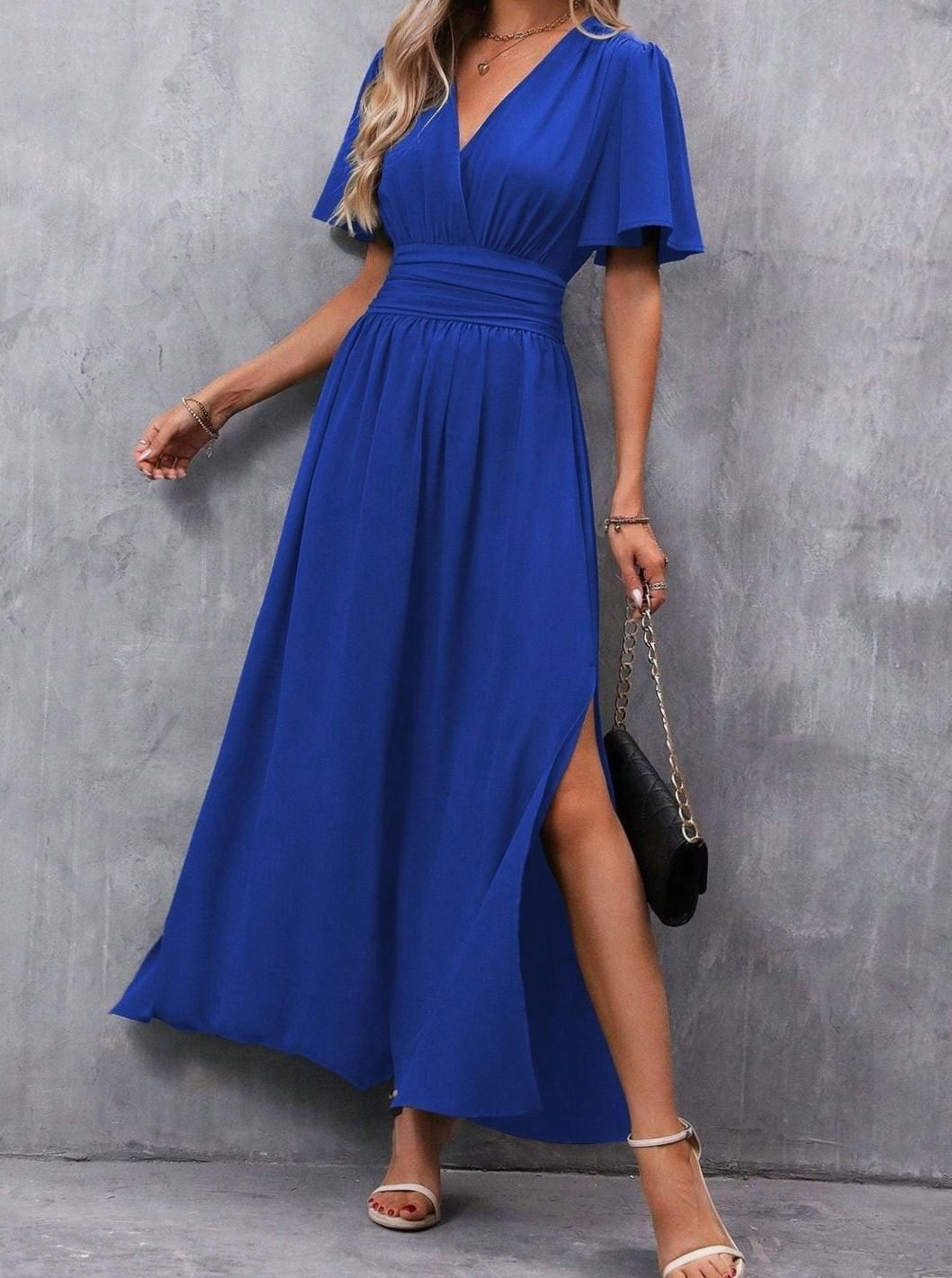 Damen Maxi-Kleid mit V-Ausschnitt Flatternden Ärmeln und Seitenschlitz - Blau
