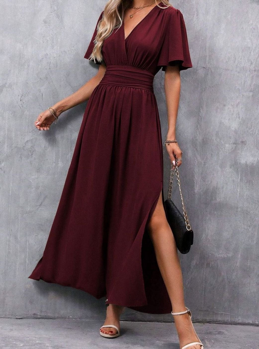 Damen Maxi-Kleid mit V-Ausschnitt Flatternden Ärmeln und Seitenschlitz - Weinrot