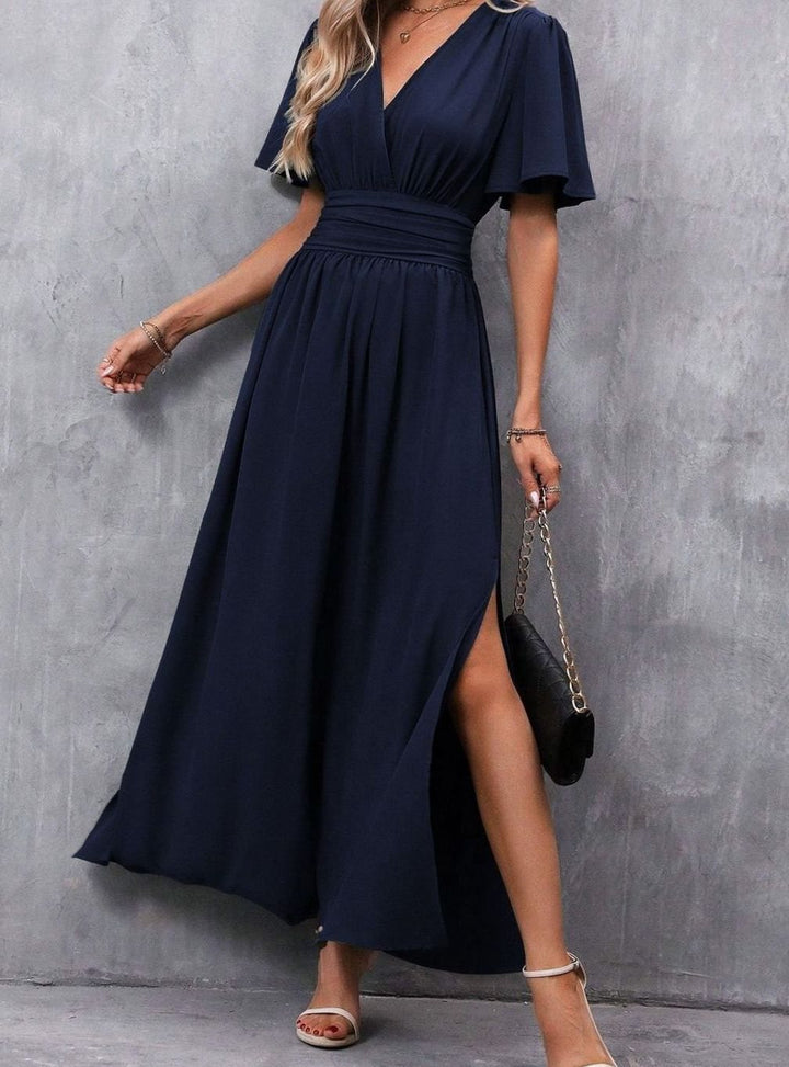 Damen Maxi-Kleid mit V-Ausschnitt Flatternden Ärmeln und Seitenschlitz - Dunkelblau