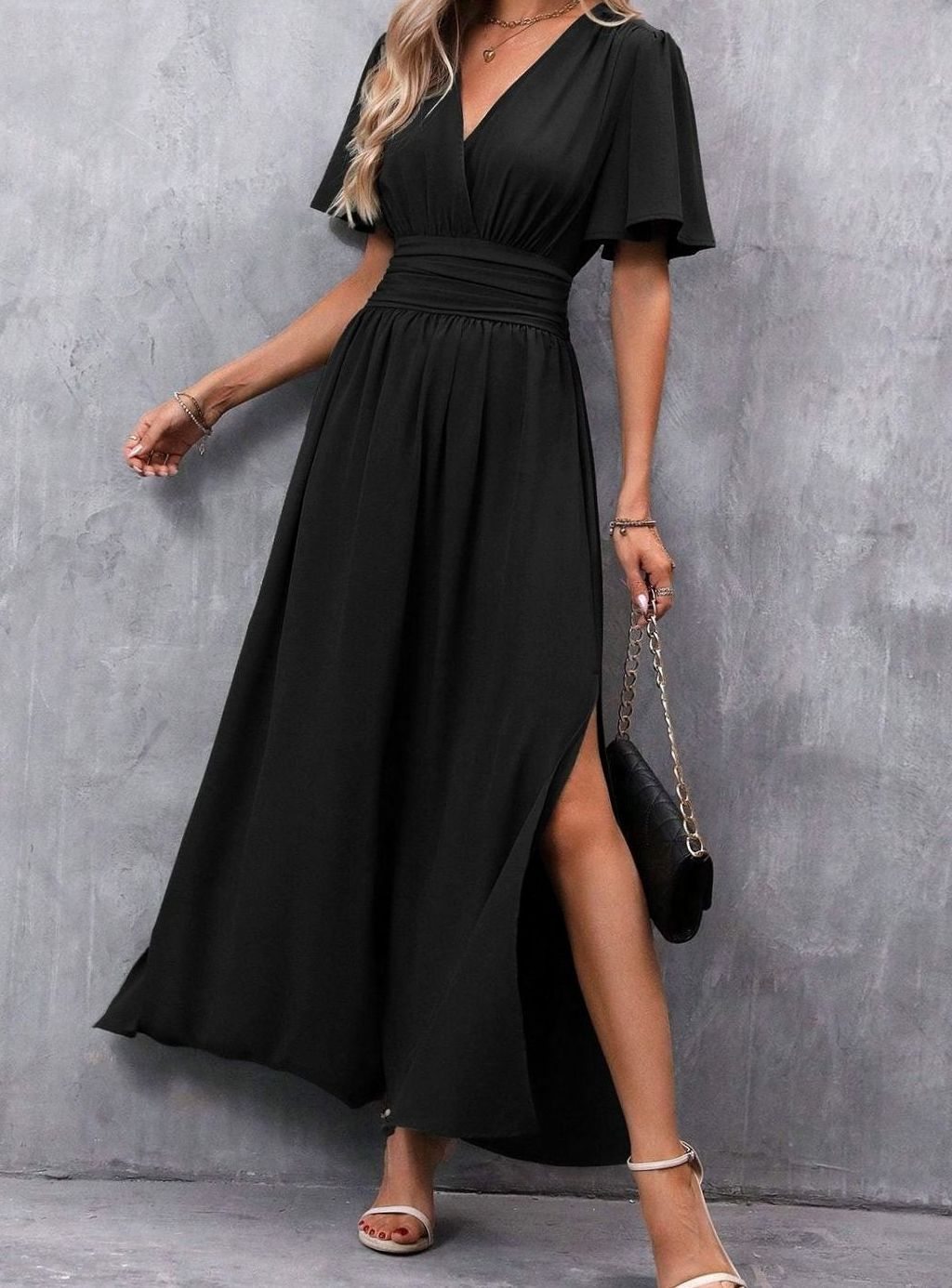 Damen Maxi-Kleid mit V-Ausschnitt Flatternden Ärmeln und Seitenschlitz - Schwarz