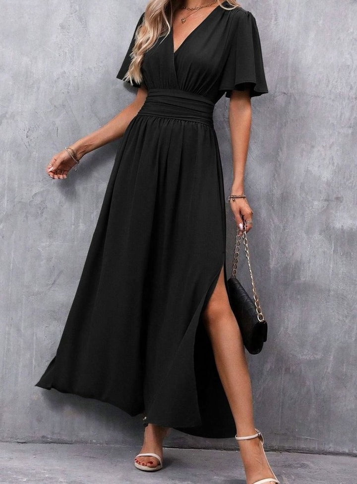 Damen Maxi-Kleid mit V-Ausschnitt Flatternden Ärmeln und Seitenschlitz - Schwarz