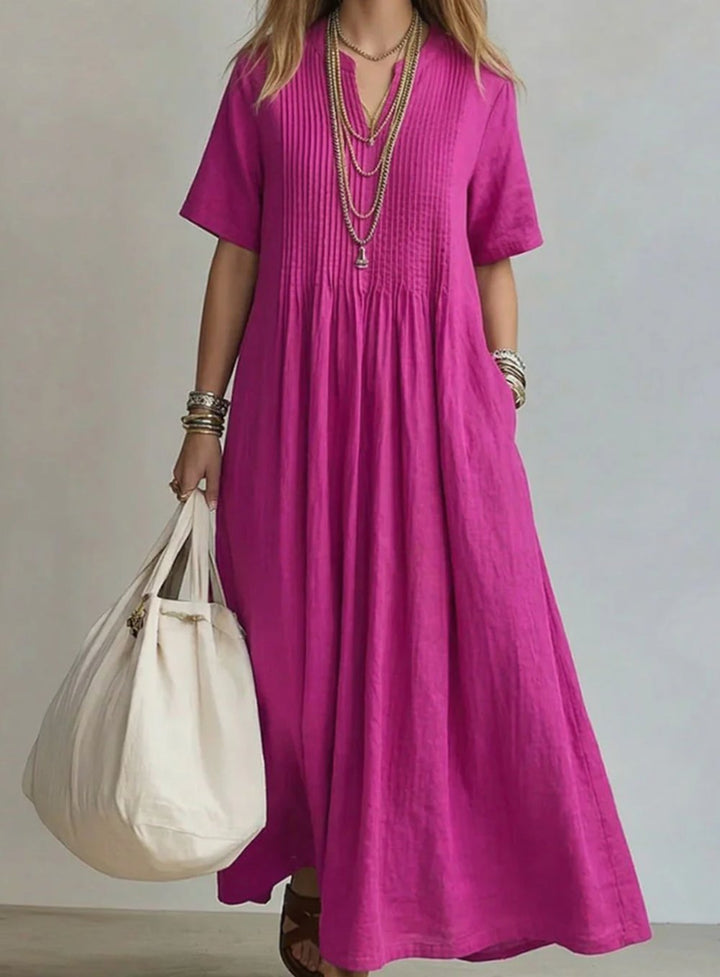 Damen Maxi-Kleid mit V-Ausschnitt Plissee-Detail kurzarm fließend - Rosa
