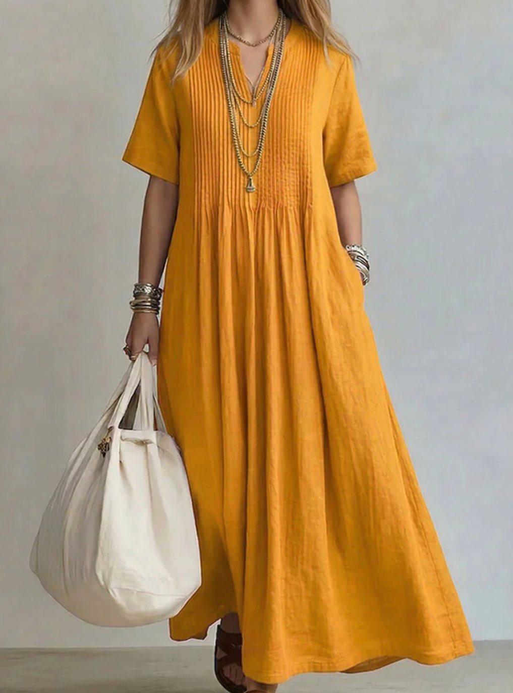 Damen Maxi-Kleid mit V-Ausschnitt Plissee-Detail kurzarm fließend - Gelb