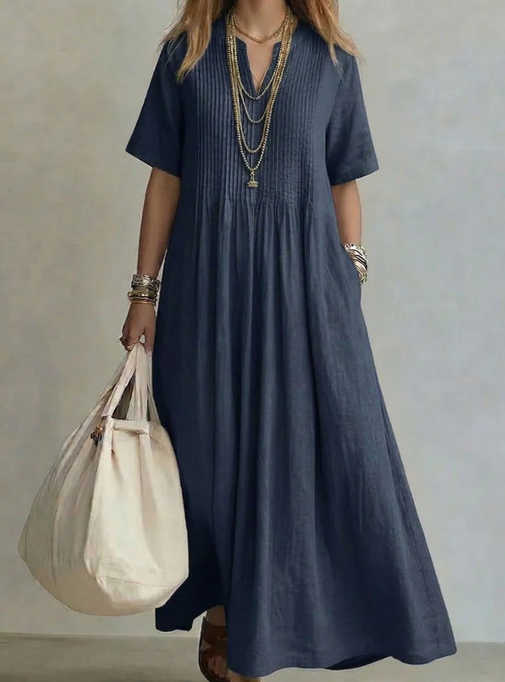 Damen Maxi-Kleid mit V-Ausschnitt Plissee-Detail kurzarm fließend - Marineblau