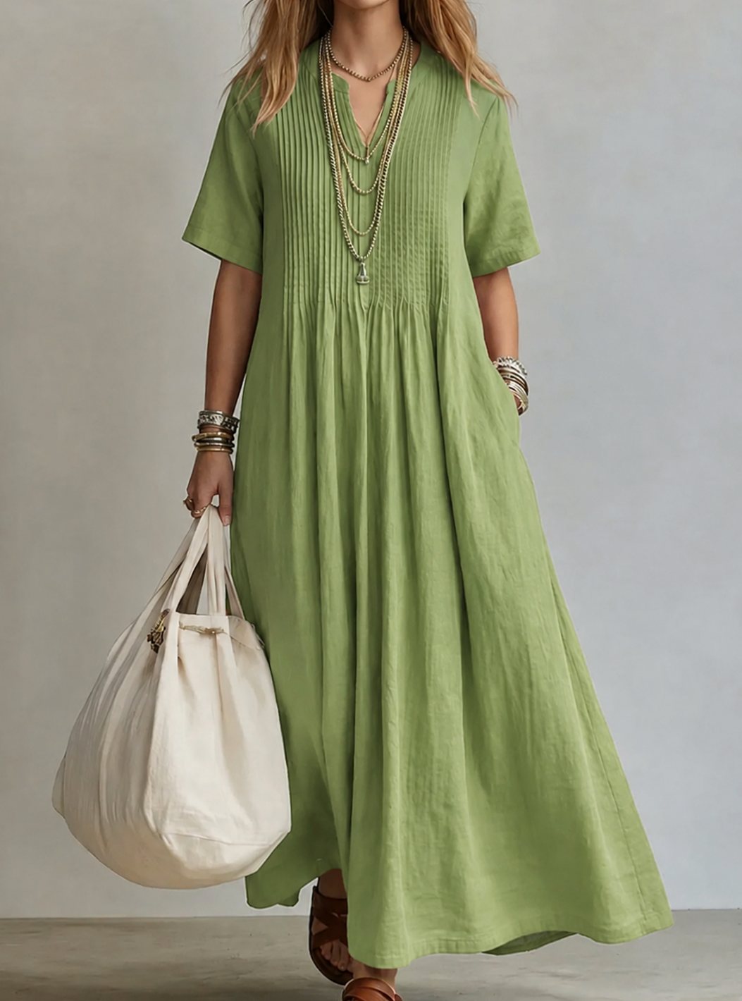 Damen Maxi-Kleid mit V-Ausschnitt Plissee-Detail kurzarm fließend - Grün
