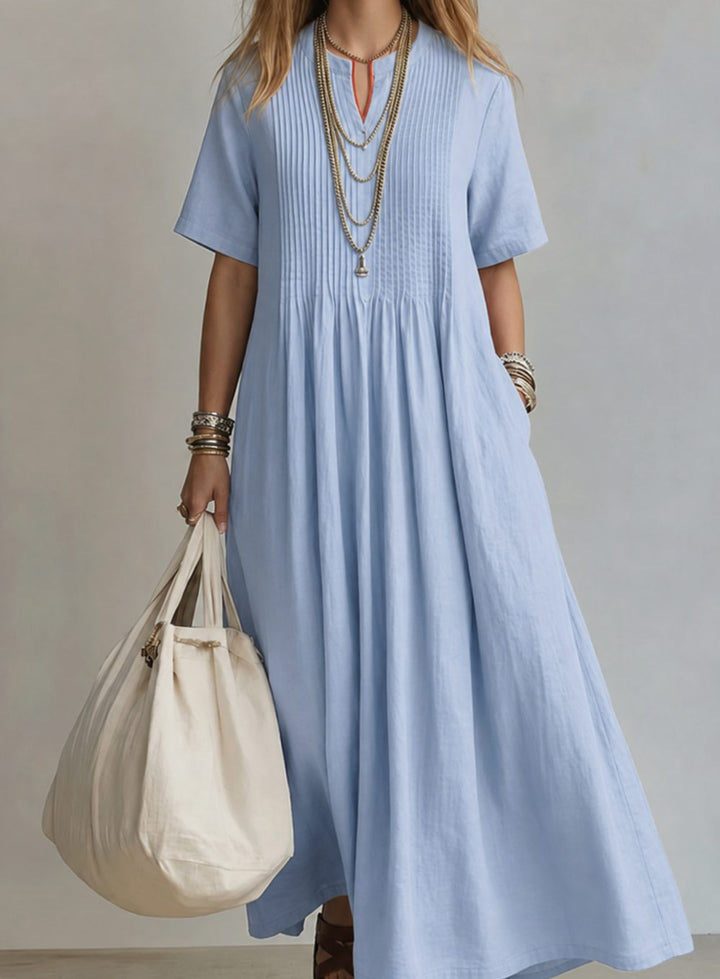 Damen Maxi-Kleid mit V-Ausschnitt Plissee-Detail kurzarm fließend - Blau