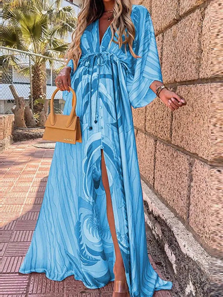 Damen Maxikleid Tiefer V-Ausschnitt Kimono-Ärmel Bindetaille - Blue