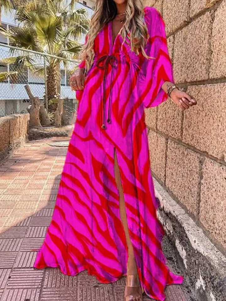 Damen Maxikleid Tiefer V-Ausschnitt Kimono-Ärmel Bindetaille - Rose Red