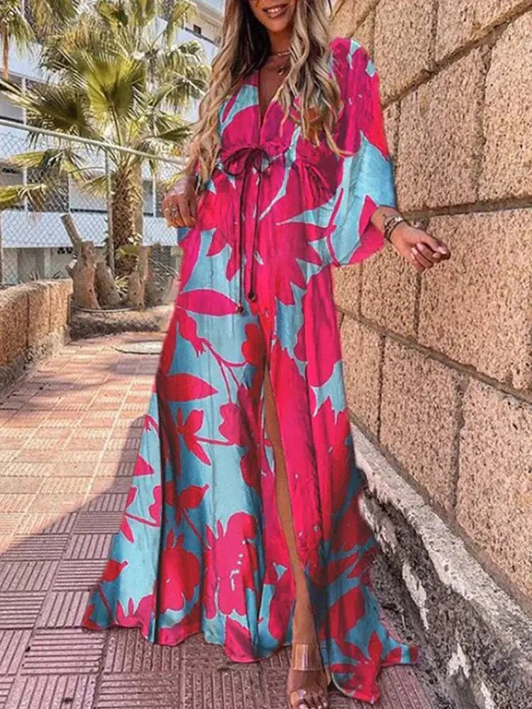 Damen Maxikleid Tiefer V-Ausschnitt Kimono-Ärmel Bindetaille - Blue-pink