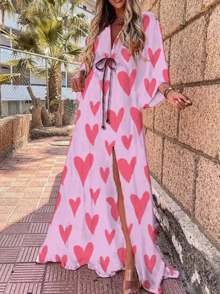 Damen Maxikleid Tiefer V-Ausschnitt Kimono-Ärmel Bindetaille - Rose