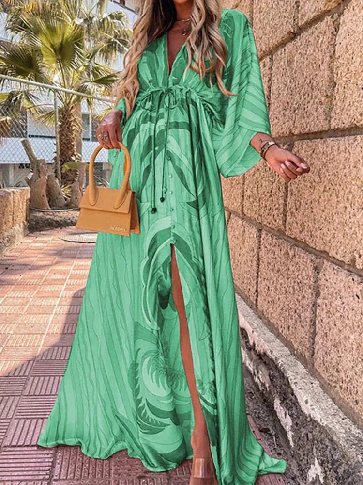 Damen Maxikleid Tiefer V-Ausschnitt Kimono-Ärmel Bindetaille - Green
